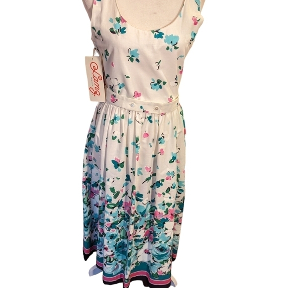 New Vtg. Lanz Dress cotton white pastel floral midi Coquette bow detail NWT Sz 6 - Picture 9 of 14